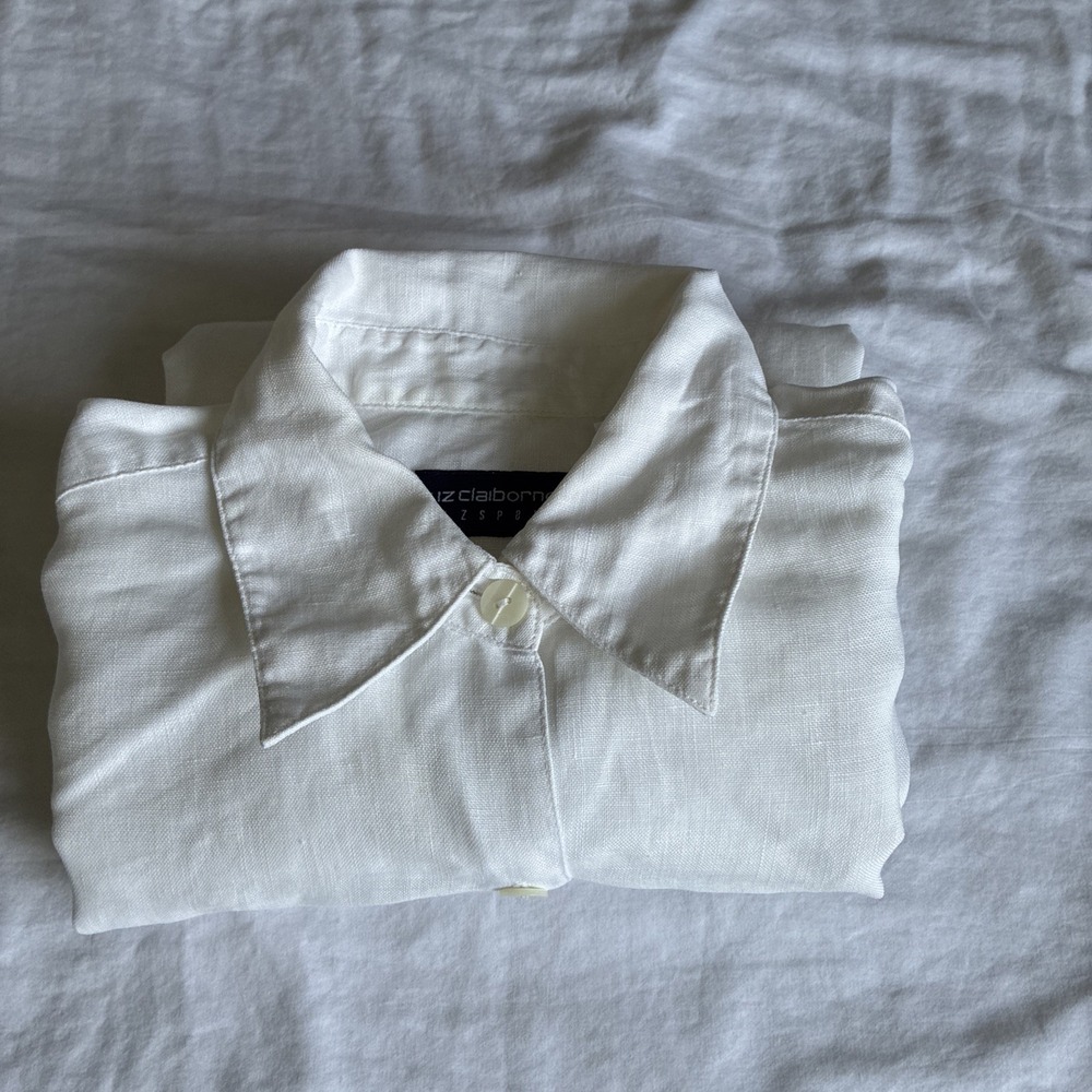 VTG Liz Claiborne Lizsport White 100% Linen Button Up Long‎ Sleeve Blouse Size S - Picture 12 of 13